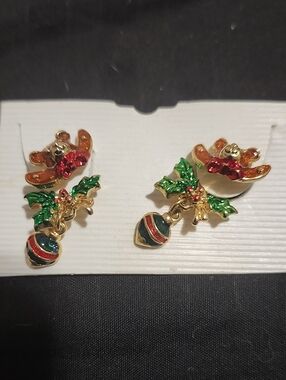 Vintage Christmas Teddy Bear & Ornament Dangle Earrings Gold Tone